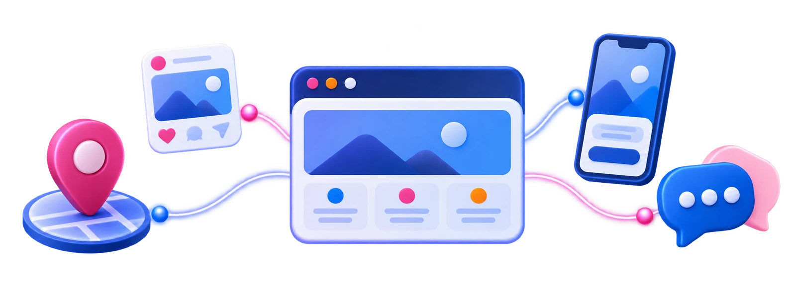 Presença digital conectando site, localização, redes sociais e atendimento por mensagens