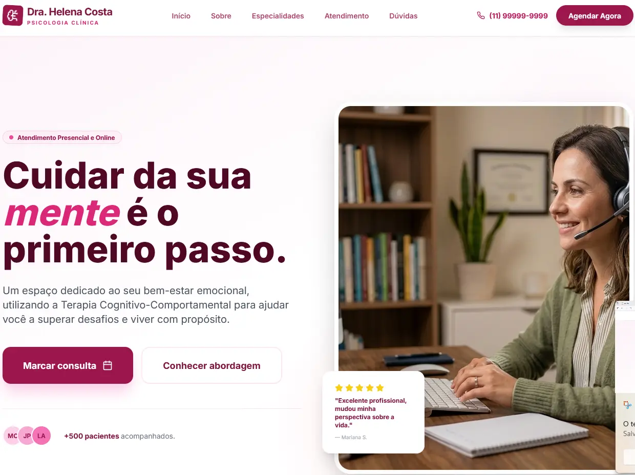 Modelo de landing page acolhedora para psicólogas e clínicas de saúde