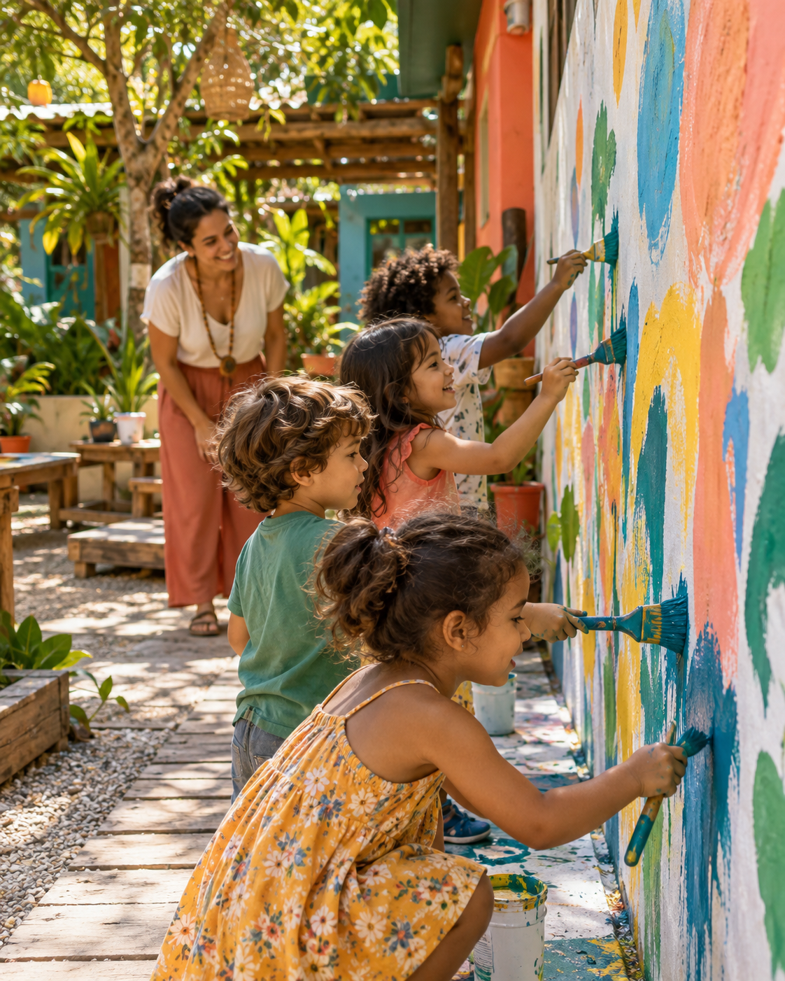 Crianças em atividade de pintura coletiva ao ar livre