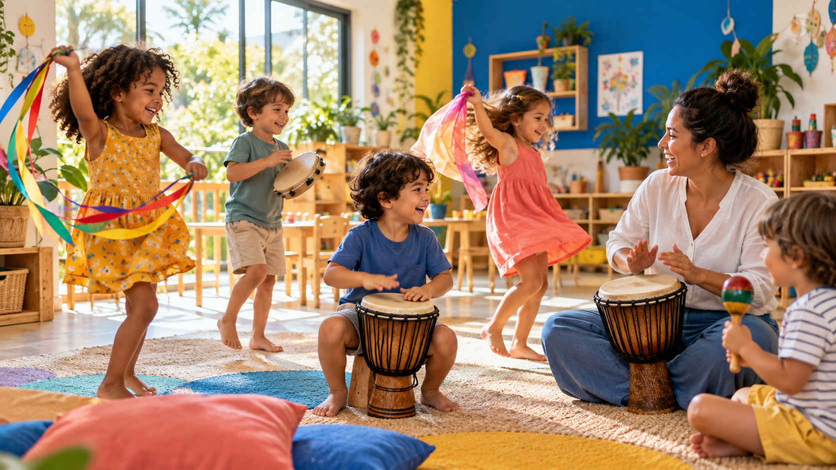Crianças em uma vivência de música e movimento na escola